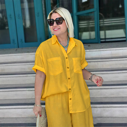 Breathable Solid Color 2-Piece Set - Short-Sleeved Collared Shirt & Wide-Leg Pants