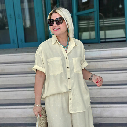 Breathable Solid Color 2-Piece Set - Short-Sleeved Collared Shirt & Wide-Leg Pants