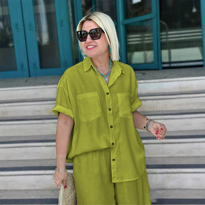 Breathable Solid Color 2-Piece Set - Short-Sleeved Collared Shirt & Wide-Leg Pants
