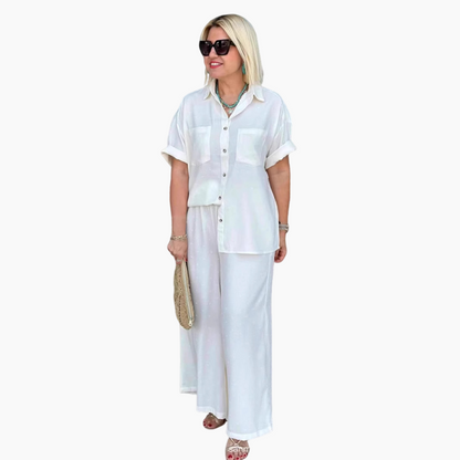 Breathable Solid Color 2-Piece Set - Short-Sleeved Collared Shirt & Wide-Leg Pants