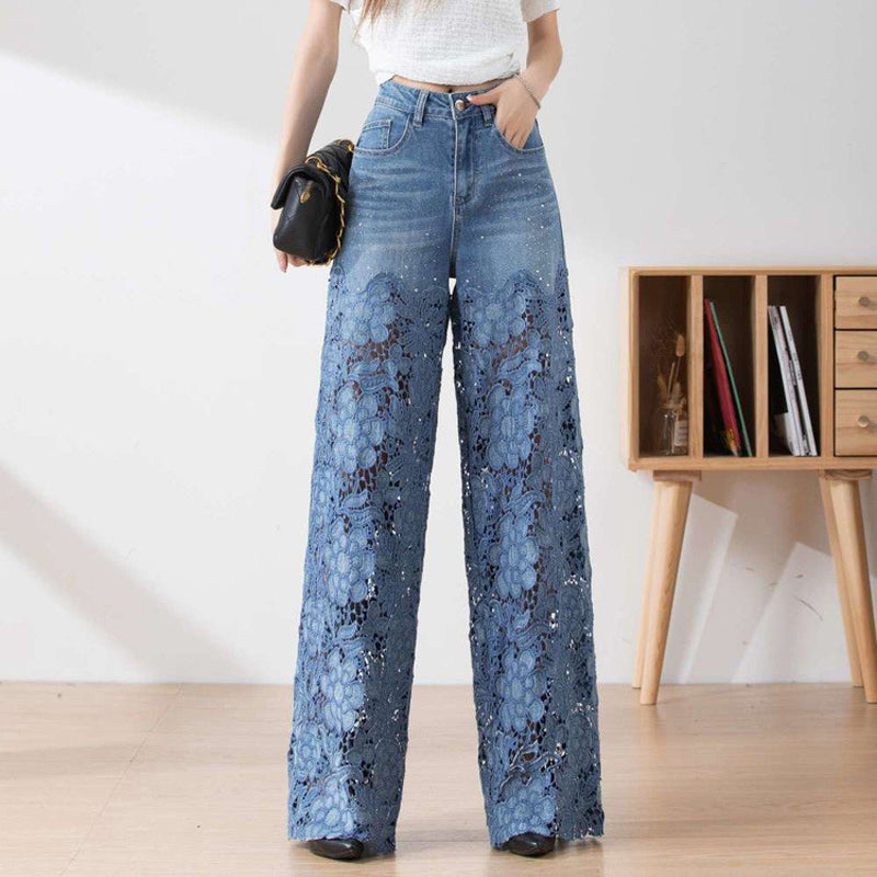🌸New Arrival 50%OFF💖 Women's High-Waisted Blue Denim Wide-Leg Pants (Hollow-out Lace Panels)