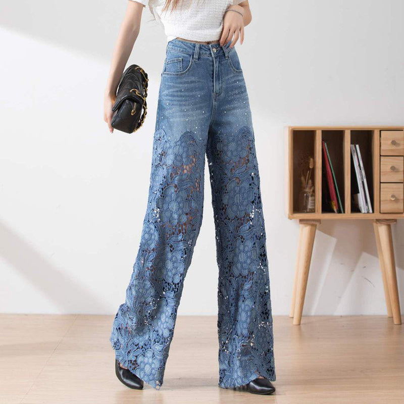 🌸New Arrival 50%OFF💖 Women's High-Waisted Blue Denim Wide-Leg Pants (Hollow-out Lace Panels)