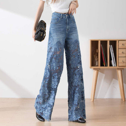 🌸New Arrival 50%OFF💖 Women's High-Waisted Blue Denim Wide-Leg Pants (Hollow-out Lace Panels)