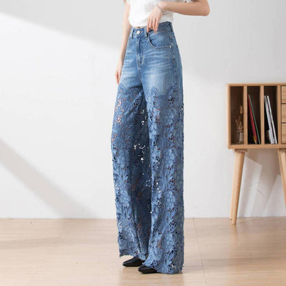 🌸New Arrival 50%OFF💖 Women's High-Waisted Blue Denim Wide-Leg Pants (Hollow-out Lace Panels)