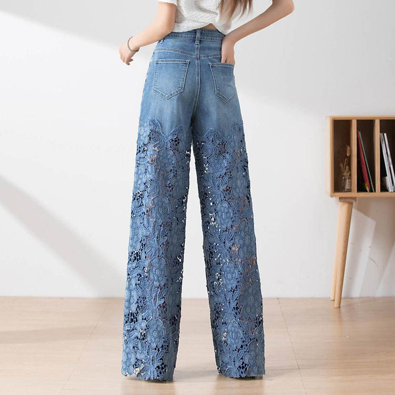 🌸New Arrival 50%OFF💖 Women's High-Waisted Blue Denim Wide-Leg Pants (Hollow-out Lace Panels)