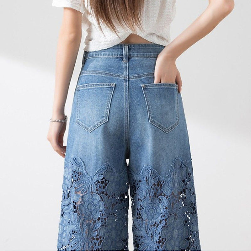 🌸New Arrival 50%OFF💖 Women's High-Waisted Blue Denim Wide-Leg Pants (Hollow-out Lace Panels)