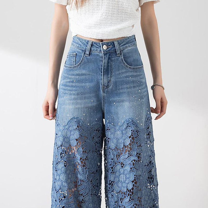 🌸New Arrival 50%OFF💖 Women's High-Waisted Blue Denim Wide-Leg Pants (Hollow-out Lace Panels)