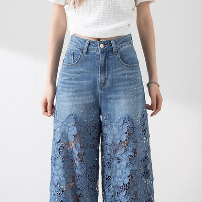 🌸New Arrival 50%OFF💖 Women's High-Waisted Blue Denim Wide-Leg Pants (Hollow-out Lace Panels)