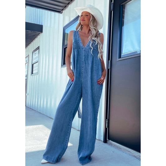 V-Neck Sleeveless Sexy Open-Back Washed Denim Jumpsuit