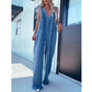 V-Neck Sleeveless Sexy Open-Back Washed Denim Jumpsuit