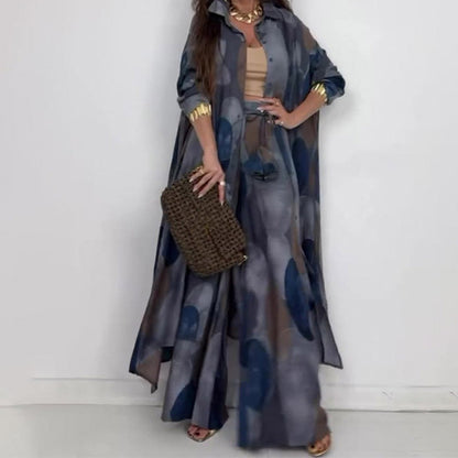 ⏳Time-limited Special⏰Fashion Print Long Sleeve Shirt & Wide Leg Pants 2-Piece Set