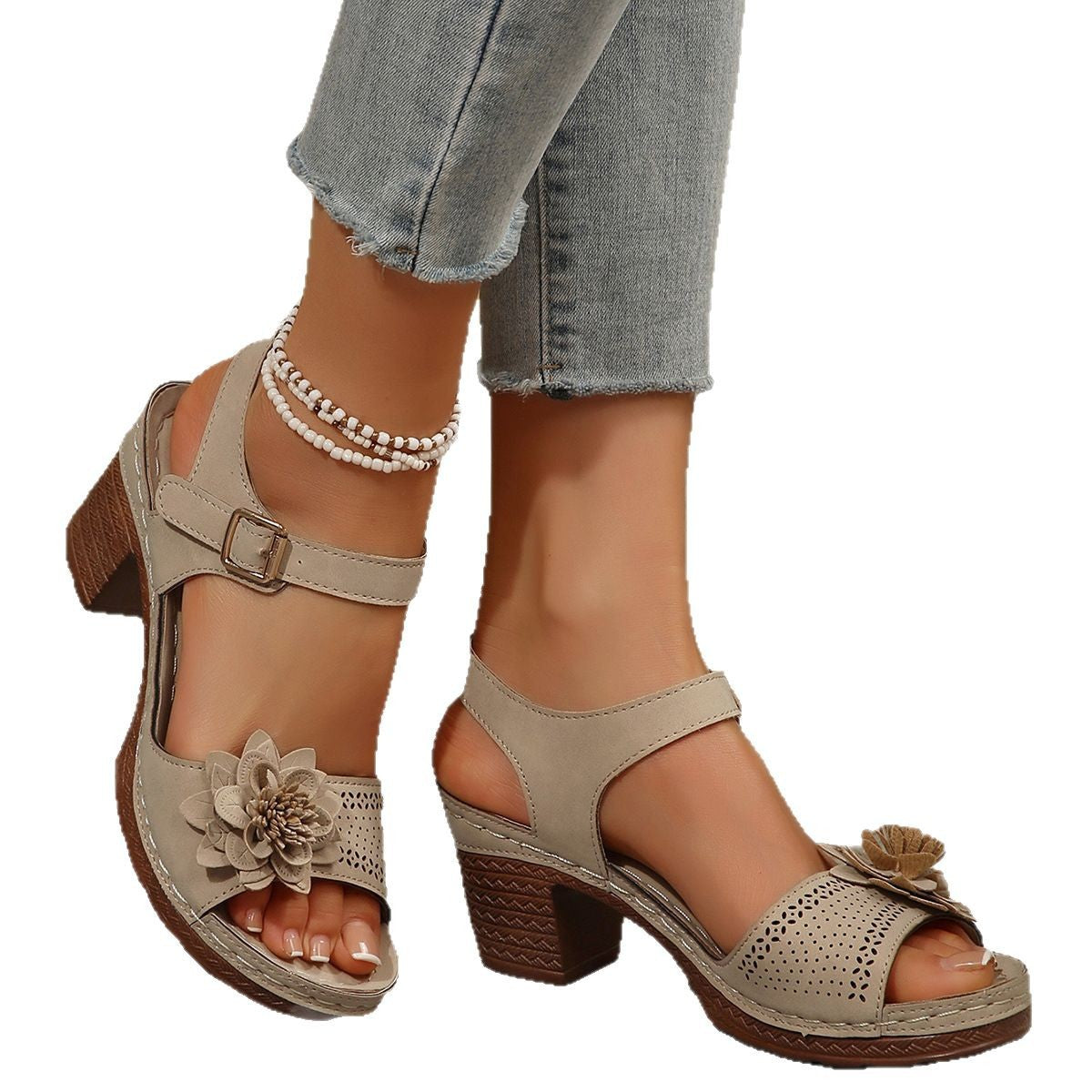 Women's Floral Open Toe Chunky Sandals