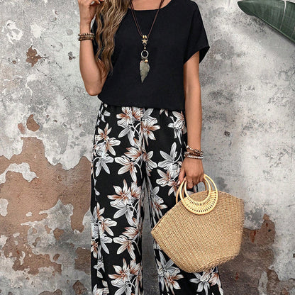 ⏰🔥LIMITED TIME 49% OFF! 💃 Women’s Casual Floral Print Wide-Leg Trousers & Short Sleeve Top Set – Flowy, Comfortable & Effortlessly Chic ✨🌸