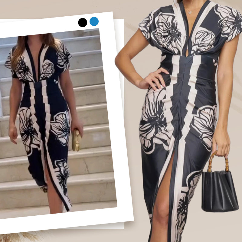 Deep V Neck Printed Bodycon Maxi Dress