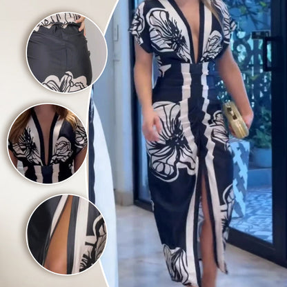 Deep V Neck Printed Bodycon Maxi Dress