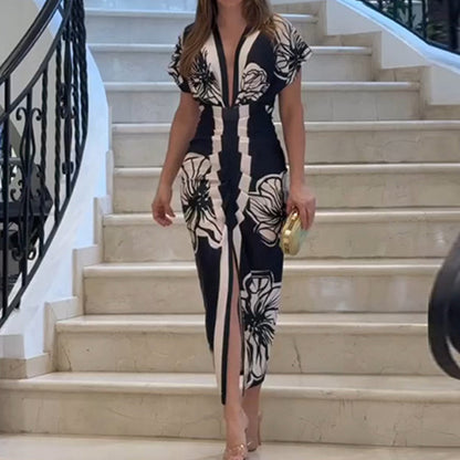 Deep V Neck Printed Bodycon Maxi Dress