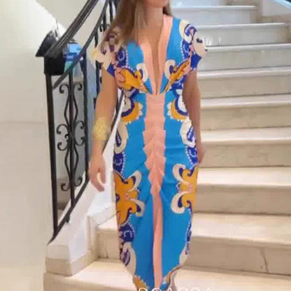 Deep V Neck Printed Bodycon Maxi Dress