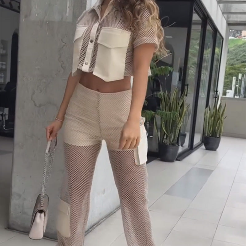 Women's Cropped Top & Patchwork Mesh Panel Trousers Set