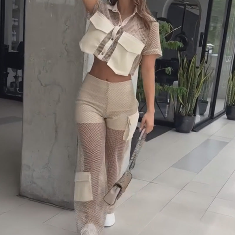 Women's Cropped Top & Patchwork Mesh Panel Trousers Set