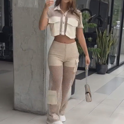 Women's Cropped Top & Patchwork Mesh Panel Trousers Set