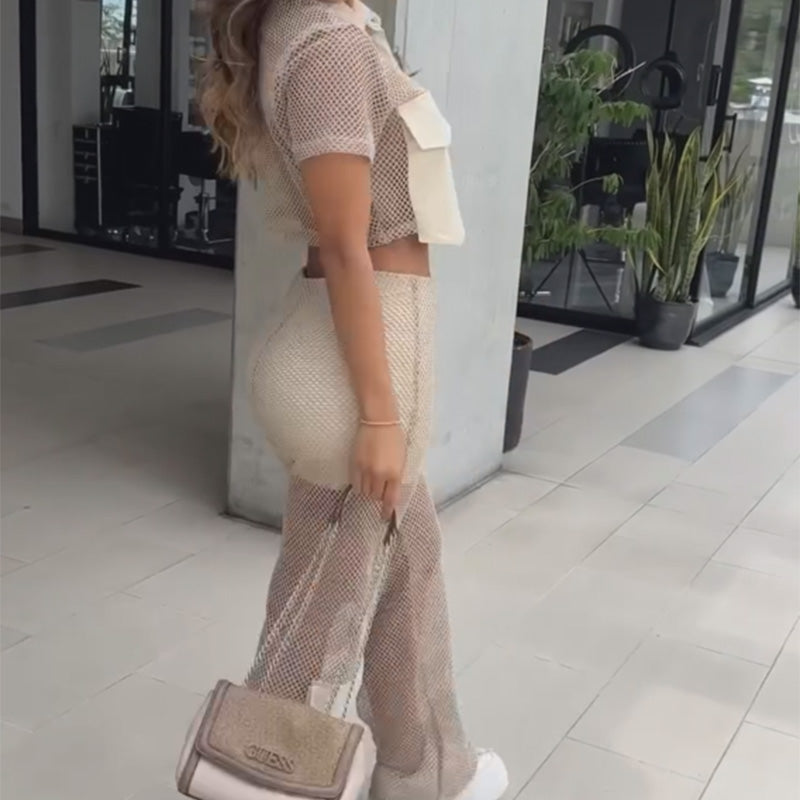 Women's Cropped Top & Patchwork Mesh Panel Trousers Set