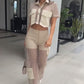 Women's Cropped Top & Patchwork Mesh Panel Trousers Set