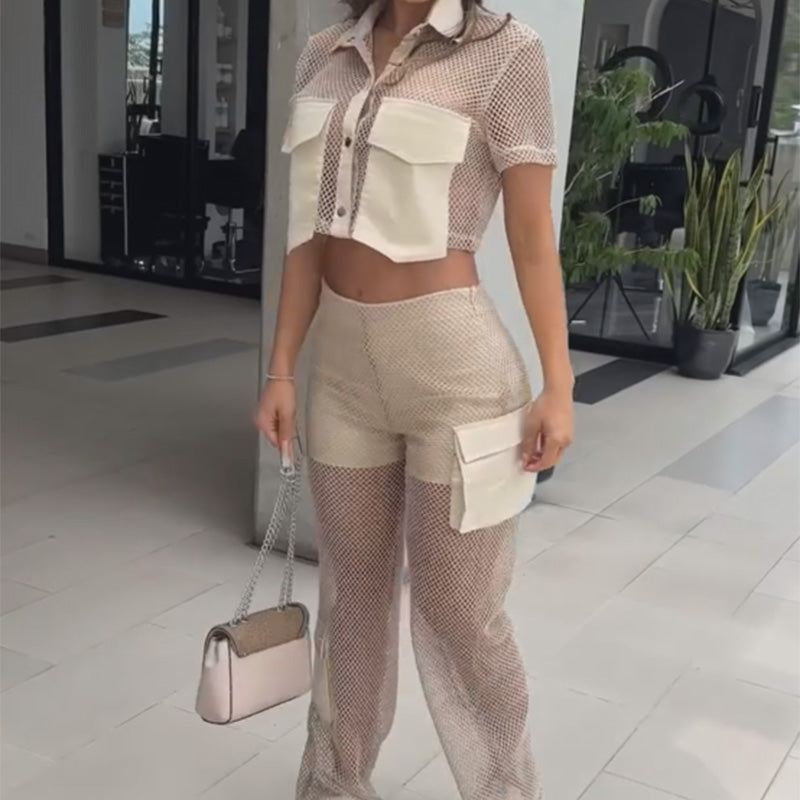 Women's Cropped Top & Patchwork Mesh Panel Trousers Set