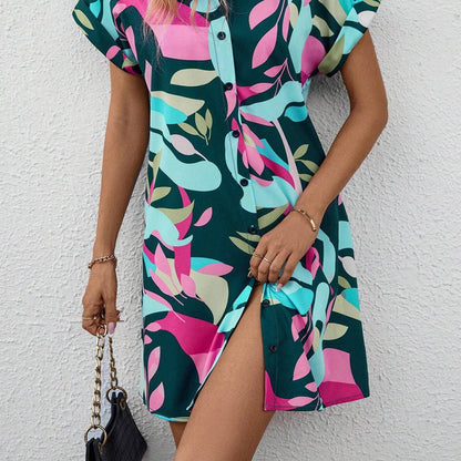 Women's Fashion Floral Print Short Sleeve Shirt Dress