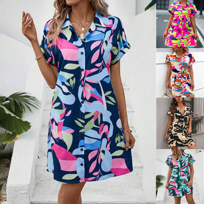 Women's Fashion Floral Print Short Sleeve Shirt Dress