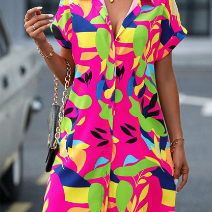 Women's Fashion Floral Print Short Sleeve Shirt Dress