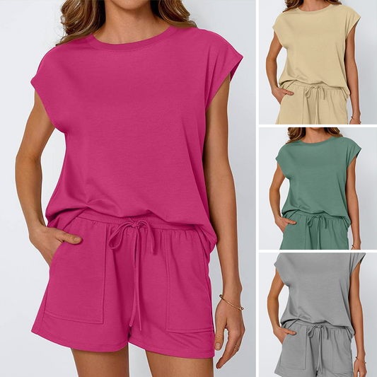 Women's Round-Neck Top & Shorts 2-Piece Set