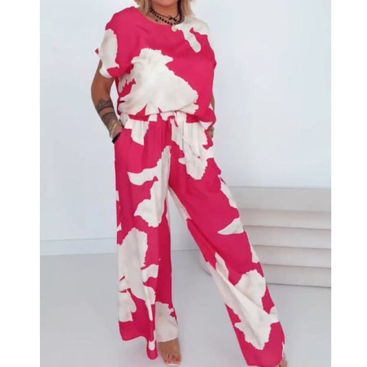 🔥Summer New🔥 Rose-White Printed Short-Sleeve Top & Wide-Leg Pants 2-Piece Set