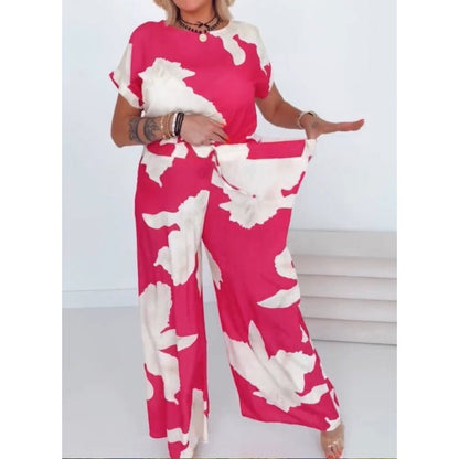 🔥Summer New🔥 Rose-White Printed Short-Sleeve Top & Wide-Leg Pants 2-Piece Set
