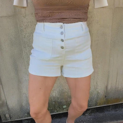 Women's White High-Waist Denim Short Pants with Multiple Button Rows