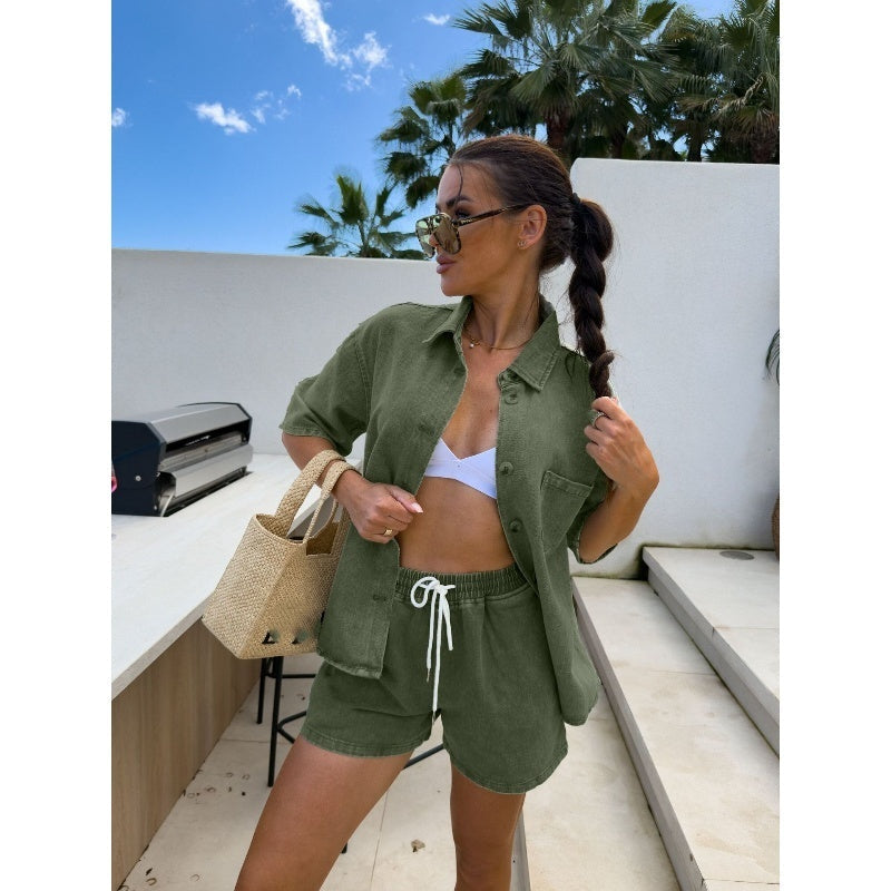 Women's Fashion Denim Lapel Top and Shorts Set