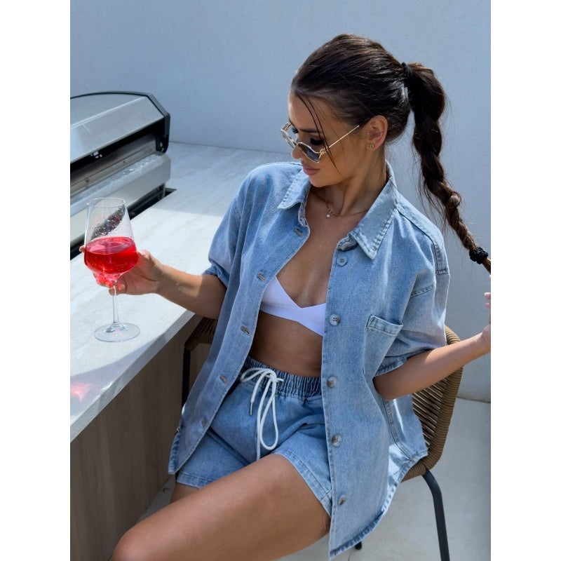 Women's Fashion Denim Lapel Top and Shorts Set