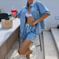 Women's Fashion Denim Lapel Top and Shorts Set