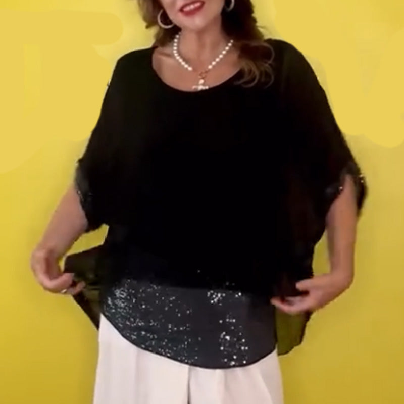 ⏳Time-limited Special⏰Black Round Neck Mesh Top with Dolman Sleeves and Sequins