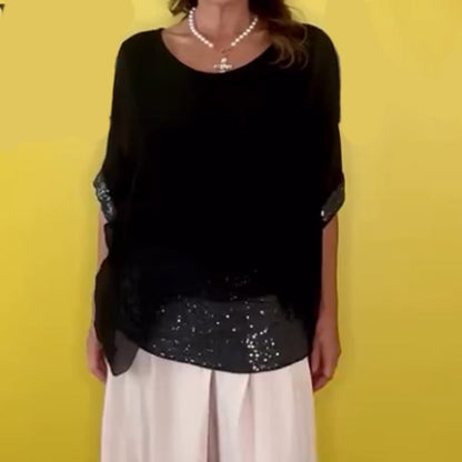 ⏳Time-limited Special⏰Black Round Neck Mesh Top with Dolman Sleeves and Sequins