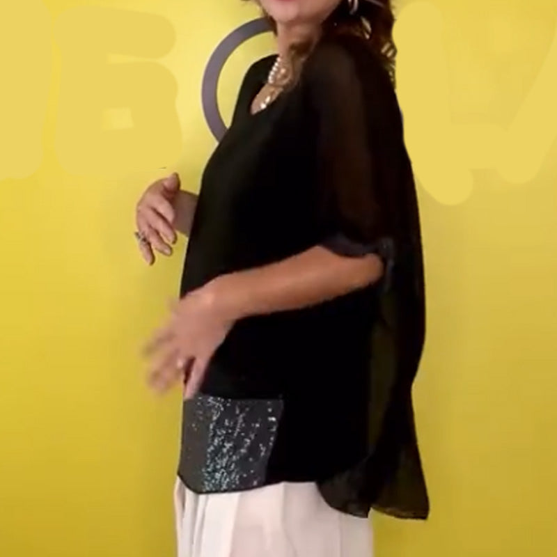 ⏳Time-limited Special⏰Black Round Neck Mesh Top with Dolman Sleeves and Sequins