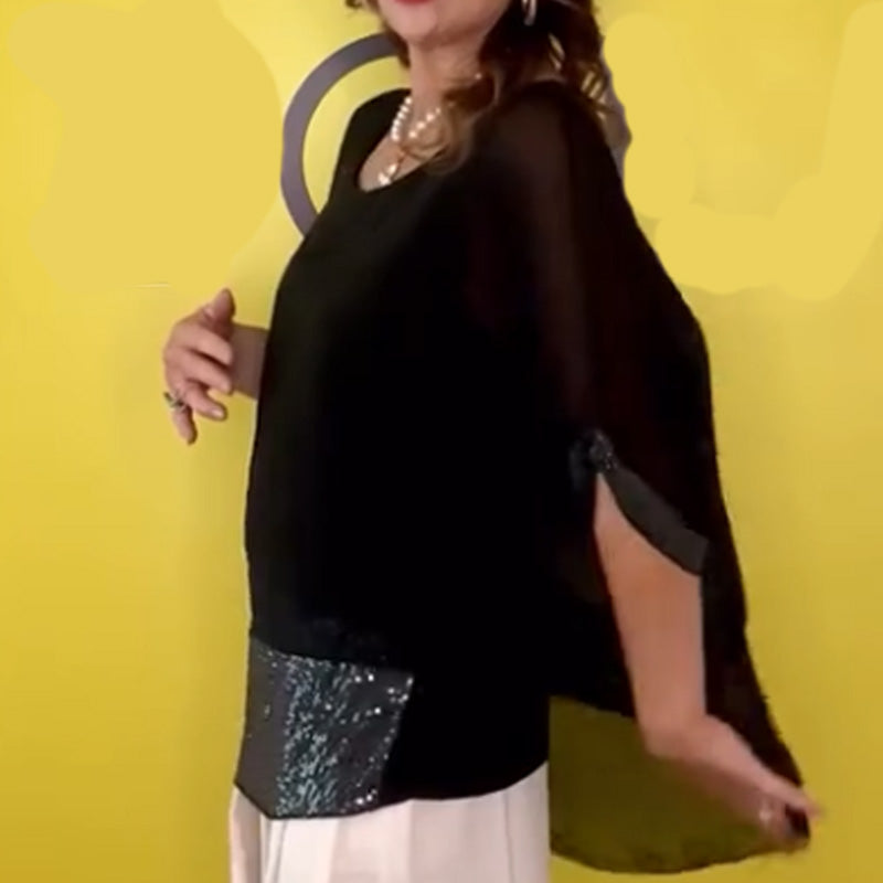 ⏳Time-limited Special⏰Black Round Neck Mesh Top with Dolman Sleeves and Sequins