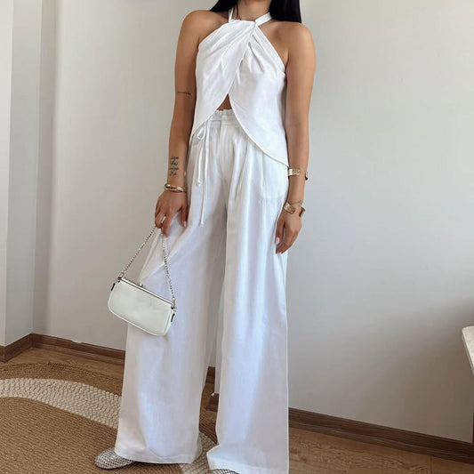 Casual Halter Top & Wide Leg Pants 2-Piece Set for Women