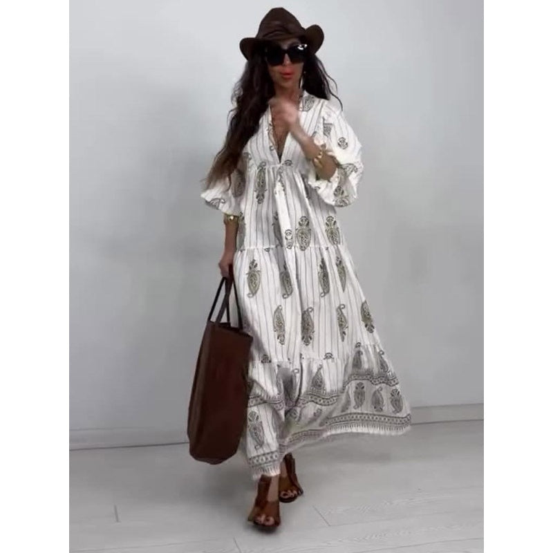 Women's Casual Printed Long-Sleeve Maxi Dress