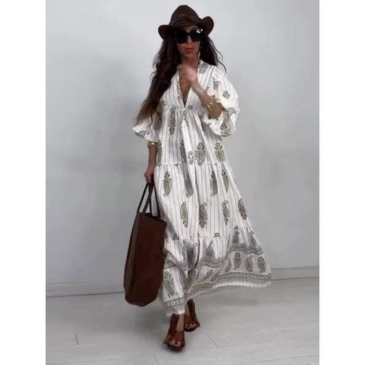 Women's Casual Printed Long-Sleeve Maxi Dress