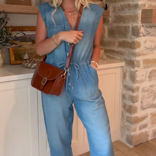 Women's V-Neck Sleeveless Denim Jumpsuit