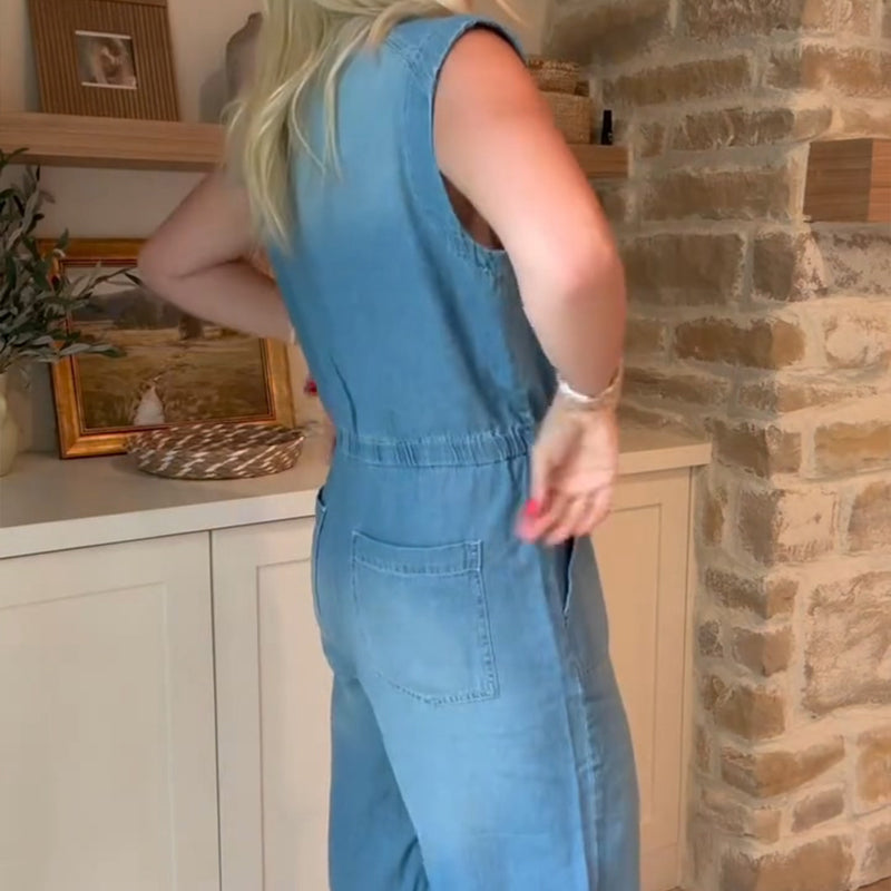 Women's V-Neck Sleeveless Denim Jumpsuit