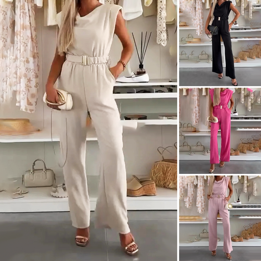 💃 Women's Sleeveless Draped-Neck Jumpsuit with Pockets