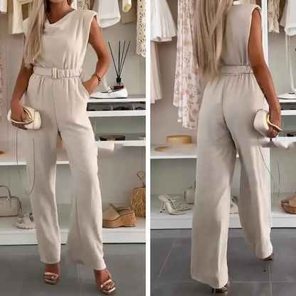 💃 Women's Sleeveless Draped-Neck Jumpsuit with Pockets