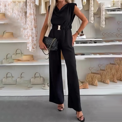 💃 Women's Sleeveless Draped-Neck Jumpsuit with Pockets