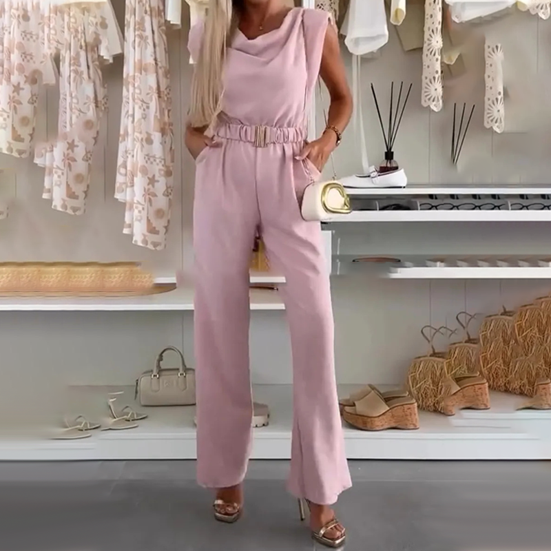 💃 Women's Sleeveless Draped-Neck Jumpsuit with Pockets